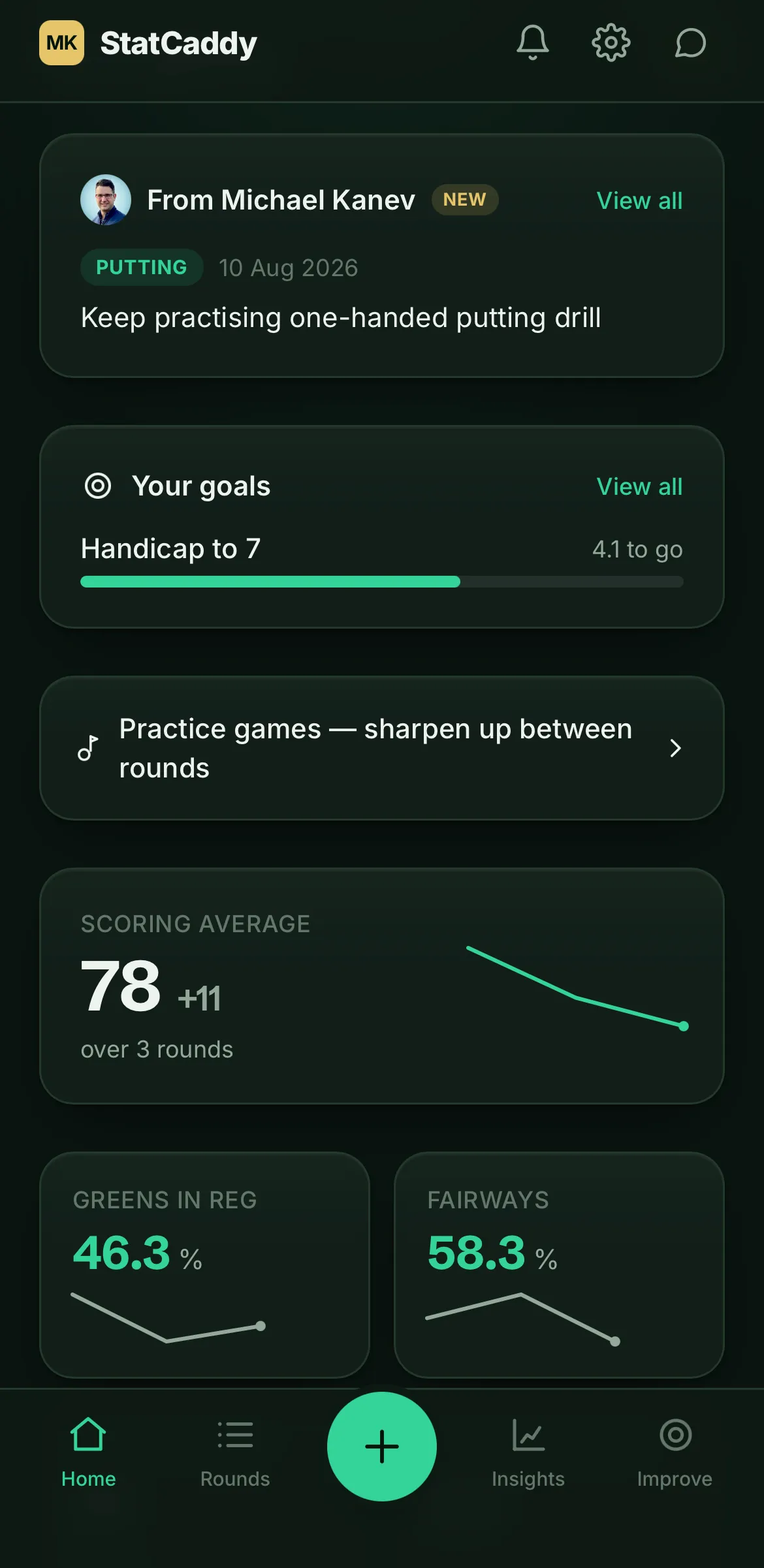 The StatCaddy player dashboard: a note from your coach, your goal, scoring average of 78 with a falling trend, and greens-in-regulation and fairway percentages